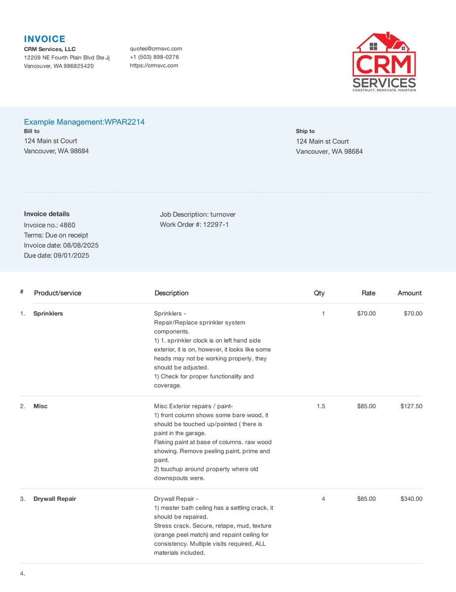 Sample turnover invoice showing detailed line items